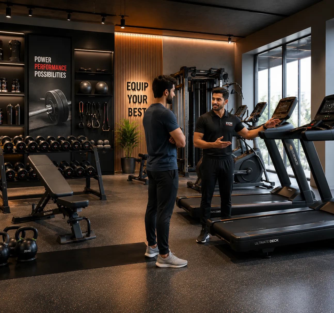 Consulting with a Zion Fitness specialist in the showroom