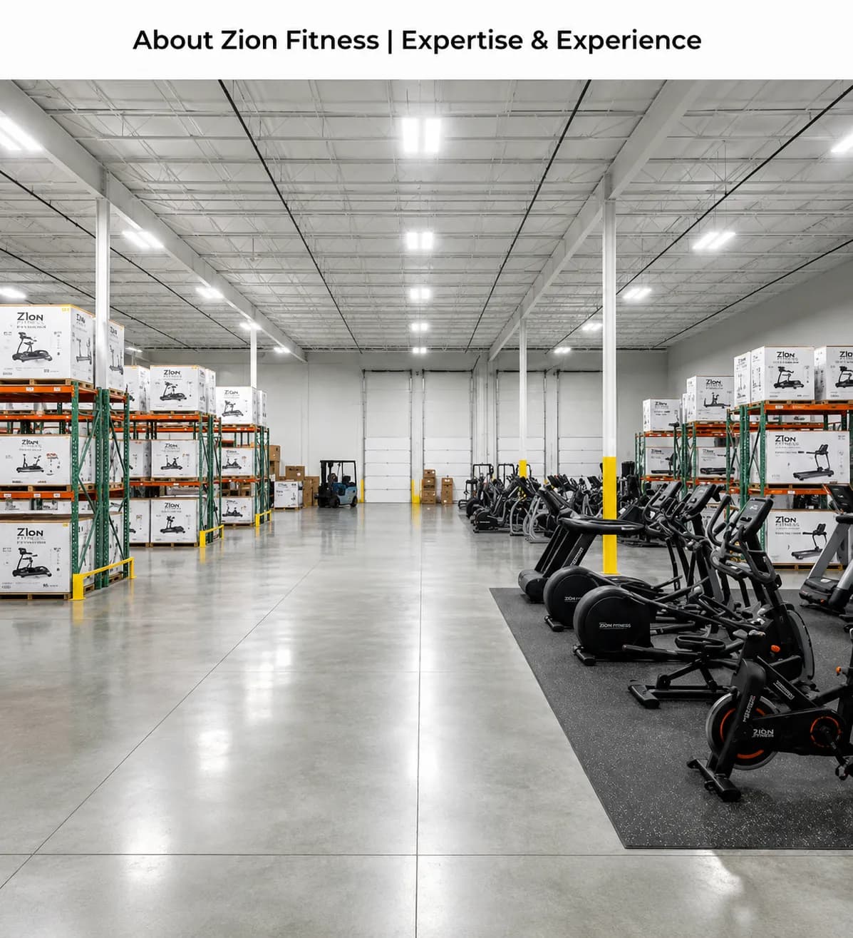 Zion Fitness warehouse with racked equipment inventory