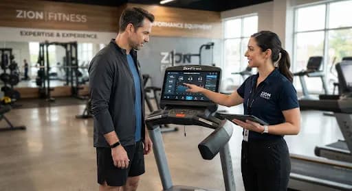 Sales consultant guiding a customer on a treadmill